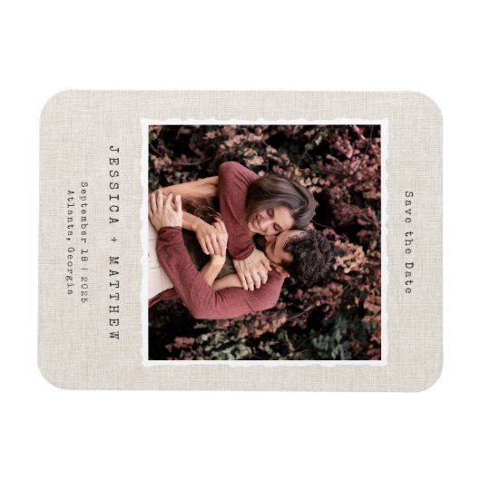 ヴィンテージレトロフォトフレームリネンカスタムウェディング マグネット (横)