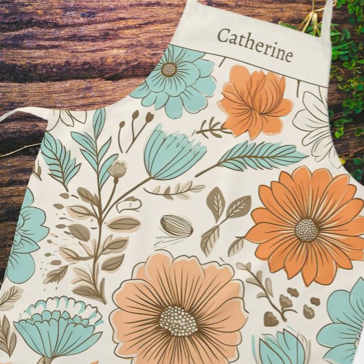 ヴィンテージレトロフローラパステルネーム エプロン