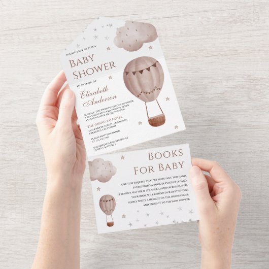 ヴィンテージレトロブラウンホットエアバルーン赤ちゃんシャワー オールインワン招待状 (貼ってはがせる)