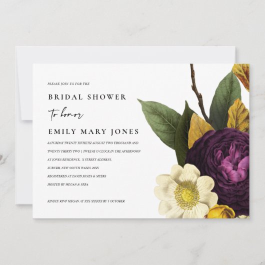 ヴィンテージレトロブルゴーニュイエローフローラブライダルシャワー 招待状 (正面)