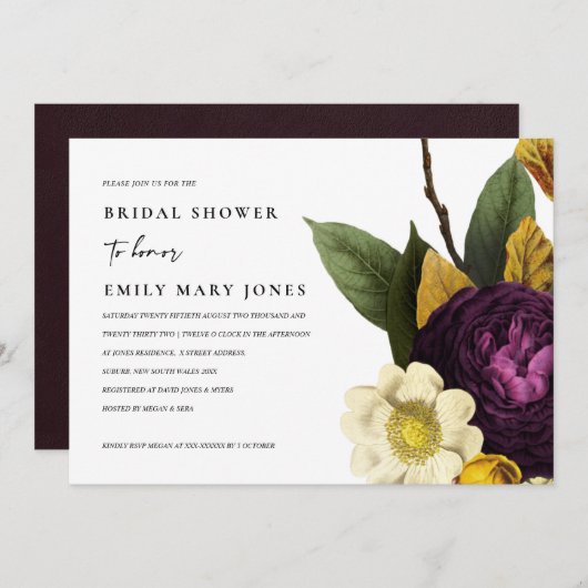 ヴィンテージレトロブルゴーニュイエローフローラブライダルシャワー 招待状 (正面/裏面)