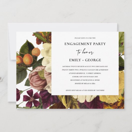 ヴィンテージレトロブルゴーニュレッドオークルフローラ婚約 招待状 (正面)