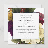 ヴィンテージレトロブルゴーニュ秋イエロー結婚フローラ 招待状 (正面)