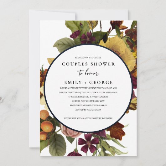 ヴィンテージレトロブルゴーニュ黄色フローラカップルのシャワー 招待状 (正面)