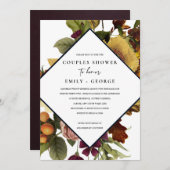 ヴィンテージレトロブルゴーニュ黄色フローラカップルのシャワー 招待状 (正面/裏面)