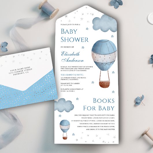 ヴィンテージレトロブルーホットエアバルーンベビーシャワー オールインワン招待状