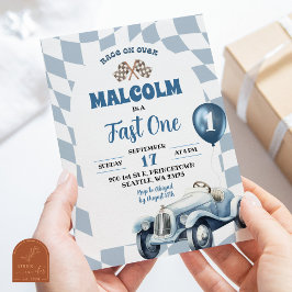 ヴィンテージレトロブルーレースカーファーストワンバースデー 招待状