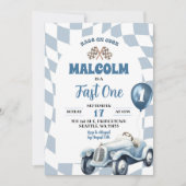 ヴィンテージレトロブルーレースカーファーストワンバースデー 招待状 (正面)
