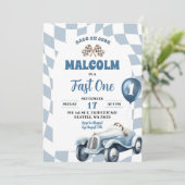 ヴィンテージレトロブルーレースカーファーストワンバースデー 招待状 (スタンド正面)
