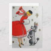 ヴィンテージレトロプードル付きクリスマスウーマン シーズンカード (正面/裏面)