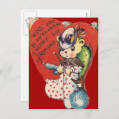 ヴィンテージレトロベア編み物バレンタインカード シーズンポストカード (正面/裏面)