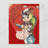 ヴィンテージレトロベア編み物バレンタインカード シーズンポストカード (正面)