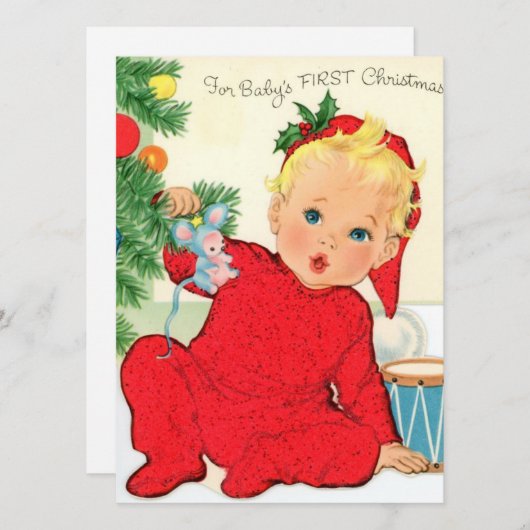 ヴィンテージレトロベビーの初めてのクリスマス シーズンカード (正面/裏面)