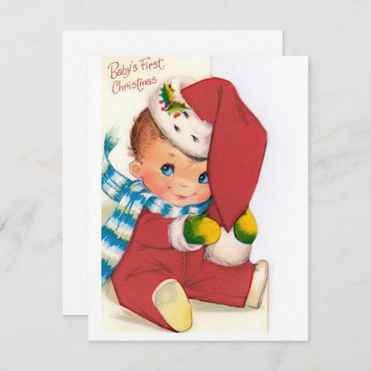 ヴィンテージレトロベビーの初めてのクリスマス シーズンカード (正面/裏面)