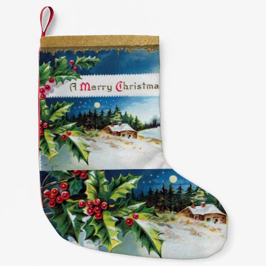 ヴィンテージレトロホリ葉ーズと雪景色 スモールクリスマスストッキング (正面)