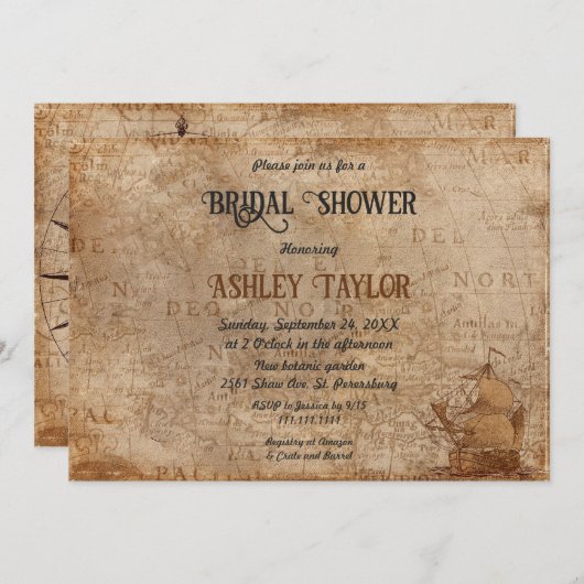 ヴィンテージレトロマップシルボートクラシックブライダルシャワー 招待状 (正面/裏面)