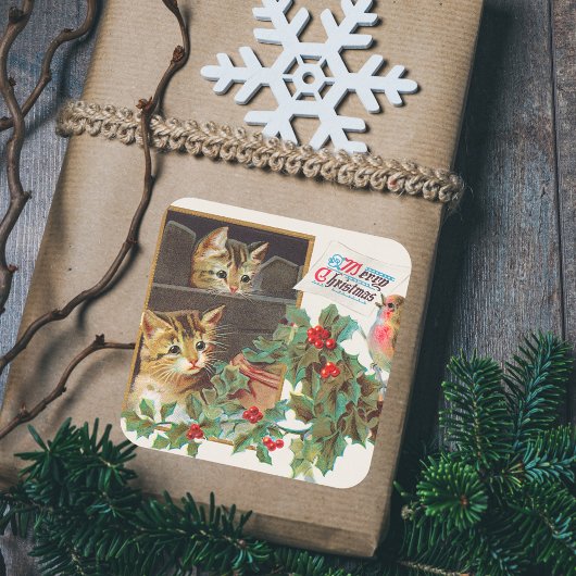 ヴィンテージレトロメリークリスマスかわいい猫バードホリー スクエアシール