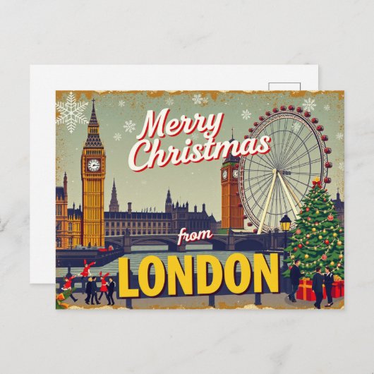 ヴィンテージレトロメリークリスマスロンドン シーズンポストカード (正面/裏面)