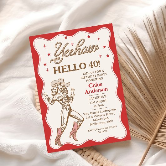 ヴィンテージレトロレッドイエハウ女性のカーボーイ40th誕生日 招待状
