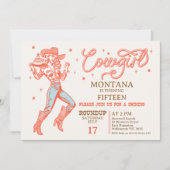 ヴィンテージレトロレッドエイジ女性のカーボーイ誕生日 招待状 (正面)