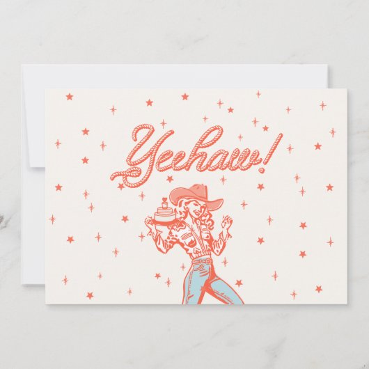 ヴィンテージレトロレッドエイジ女性のカーボーイ誕生日 招待状 (裏面)