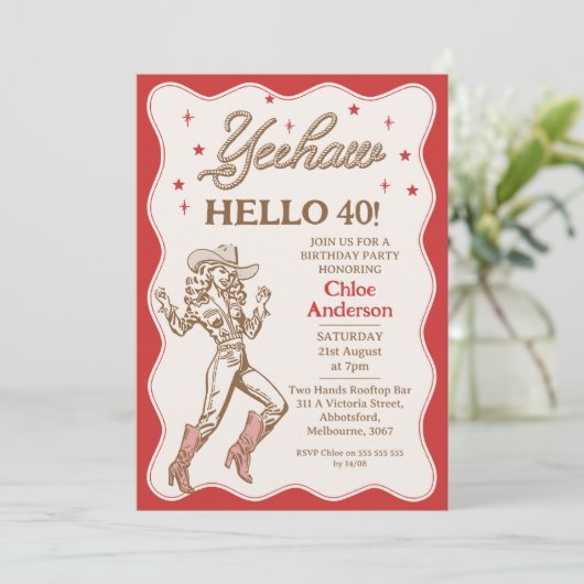 ヴィンテージレトロレッドチーテ女性のカーボーイ40歳の誕生日 招待状 (スタンド正面)