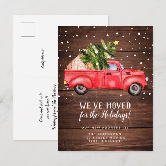 ヴィンテージレトロレッドトラッククリスマスツリー移動 案内ポストカード (正面/裏面)