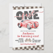 ヴィンテージレトロレッドレーシングカーファーストワンバースデー 招待状 (正面)