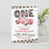 ヴィンテージレトロレッドレーシングカーファーストワンバースデー 招待状 (スタンド正面)