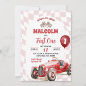 ヴィンテージレトロレッドレースカーファーストワンバースデー 招待状 (正面)