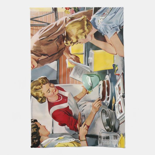 ヴィンテージレトロレディースがケーキを作る キッチンタオル (縦)