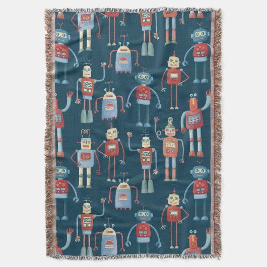ヴィンテージレトロロボットパターン暗 スローブランケット (正面縦)