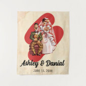 ヴィンテージレトロロマンチックたった今結婚しました結婚カップル タペストリー (正面)