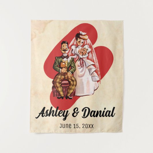 ヴィンテージレトロロマンチックたった今結婚しました結婚カップル タペストリー (正面)