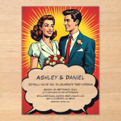 ヴィンテージレトロロマンチックカップル漫画スタイル結婚ズ アクリル招待状 (正面)