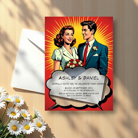 ヴィンテージレトロロマンチックカップル漫画スタイル結婚ズ アクリル招待状