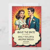 ヴィンテージレトロロマンチックカップル漫画スタイル結婚ズ セーブザデート (正面)