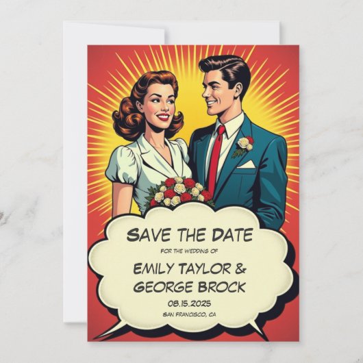 ヴィンテージレトロロマンチックカップル漫画スタイル結婚ズ セーブザデート (正面)