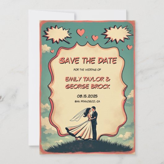 ヴィンテージレトロロマンチックカップル漫画ブック結婚ズ セーブザデート (正面)