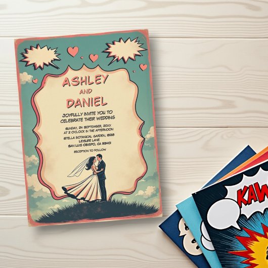ヴィンテージレトロロマンチックカップル漫画ブック結婚ズ 招待状