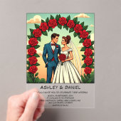 ヴィンテージレトロロマンチックカップル漫画結婚フローラ アクリル招待状 (インサイチュ (ポータブル))