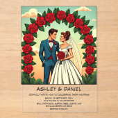 ヴィンテージレトロロマンチックカップル漫画結婚フローラ アクリル招待状 (正面)