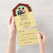 ヴィンテージレトロロマンチックカップル漫画結婚フローラ オールインワン招待状 (貼ってはがせる)