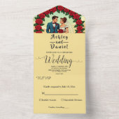 ヴィンテージレトロロマンチックカップル漫画結婚フローラ オールインワン招待状 (内側)