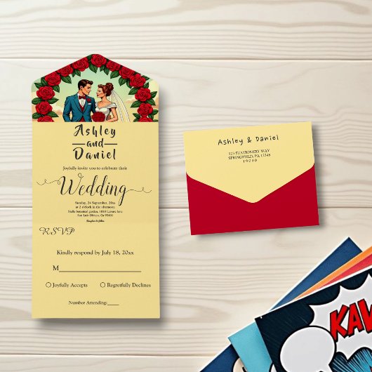 ヴィンテージレトロロマンチックカップル漫画結婚フローラ オールインワン招待状