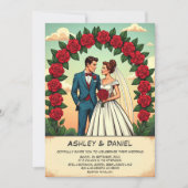 ヴィンテージレトロロマンチックカップル漫画結婚フローラ 招待状 (正面)