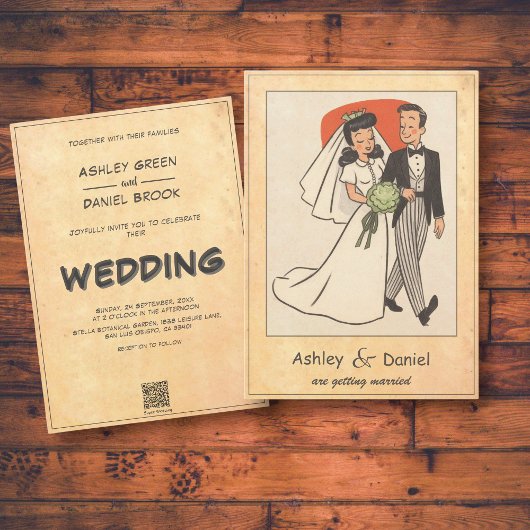 ヴィンテージレトロロマンチックカップル50s漫画結婚ズ 招待状