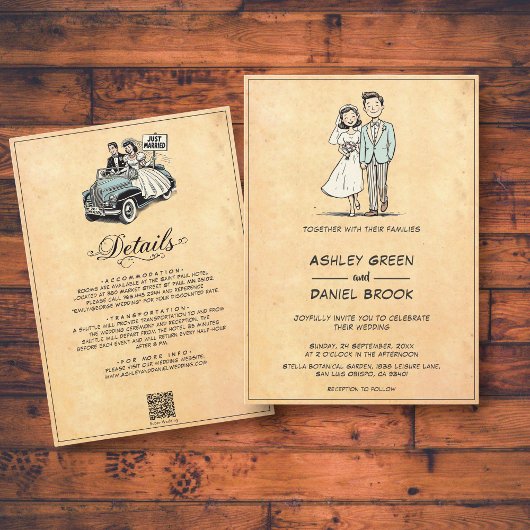 ヴィンテージレトロロマンチックカップル50s漫画結婚ズ 招待状