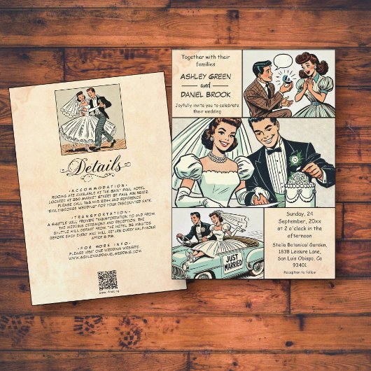 ヴィンテージレトロロマンチックノスタルジック50s漫画結婚ズ 招待状
