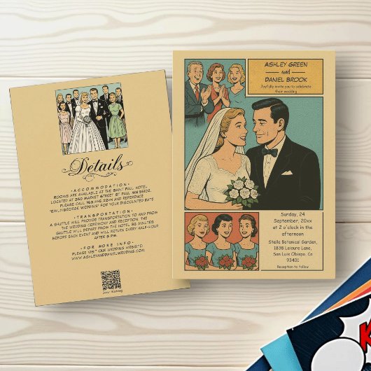 ヴィンテージレトロロマンチック新郎新婦漫画結婚ズ 招待状